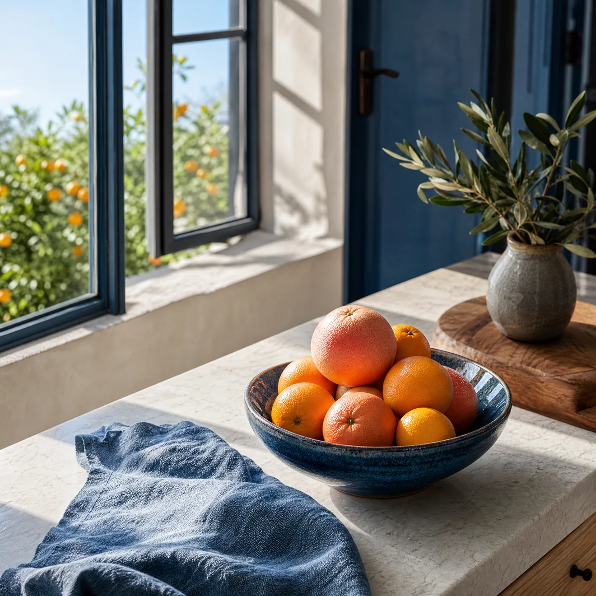 A blue-glazed ceramic bowl of oranges and grapefruit on a sunlit kitchen counter, with a window onto a citrus tree behind