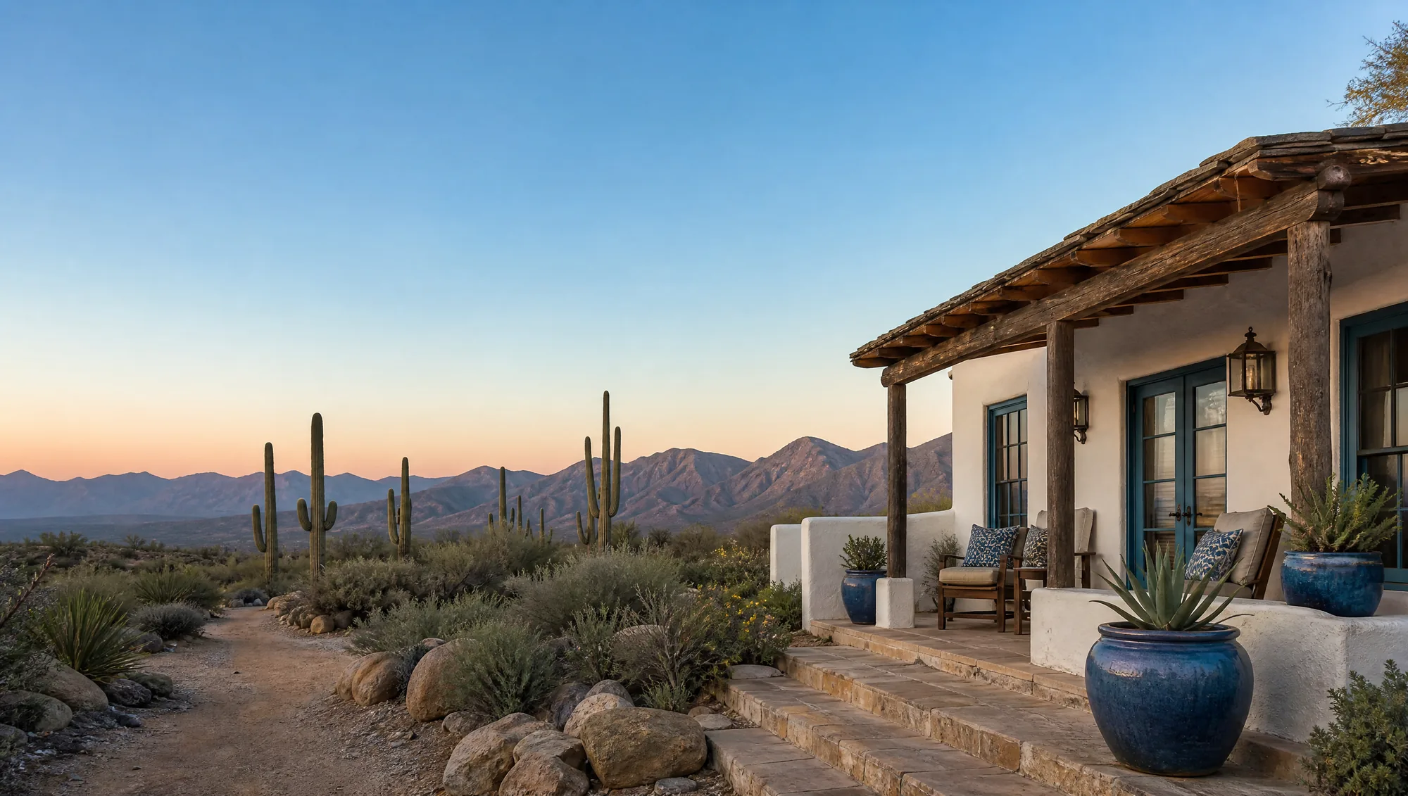 A Phoenix home at the edge of the Sonoran desert just after sunrise, with saguaros lit from the side, layered mountains behind and a blue-glazed pot on the porch step
