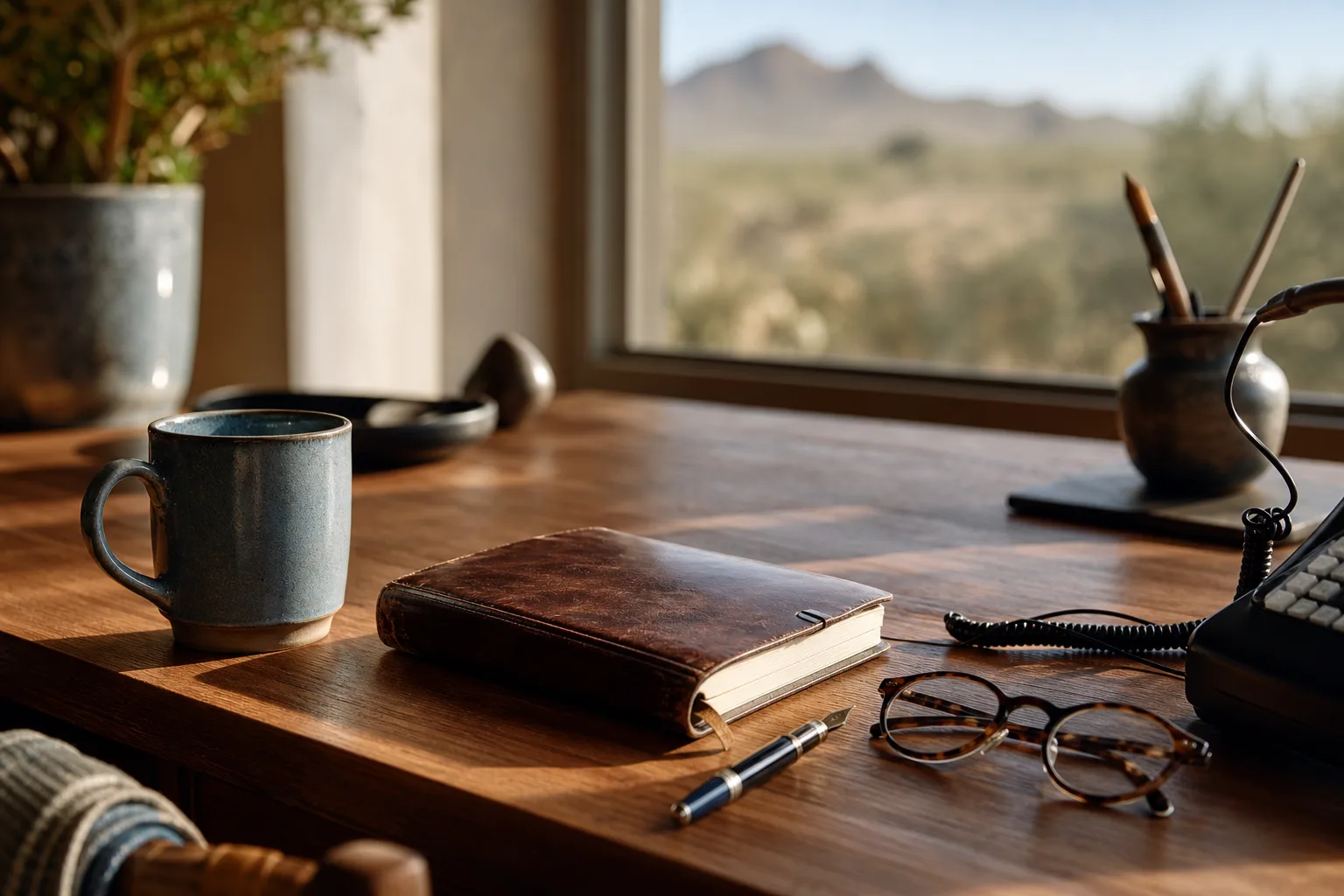 A walnut desk in warm daylight with a closed leather notebook, a fountain pen, reading glasses, a blue ceramic mug and a desk telephone, beside a window looking out to the Sonoran desert