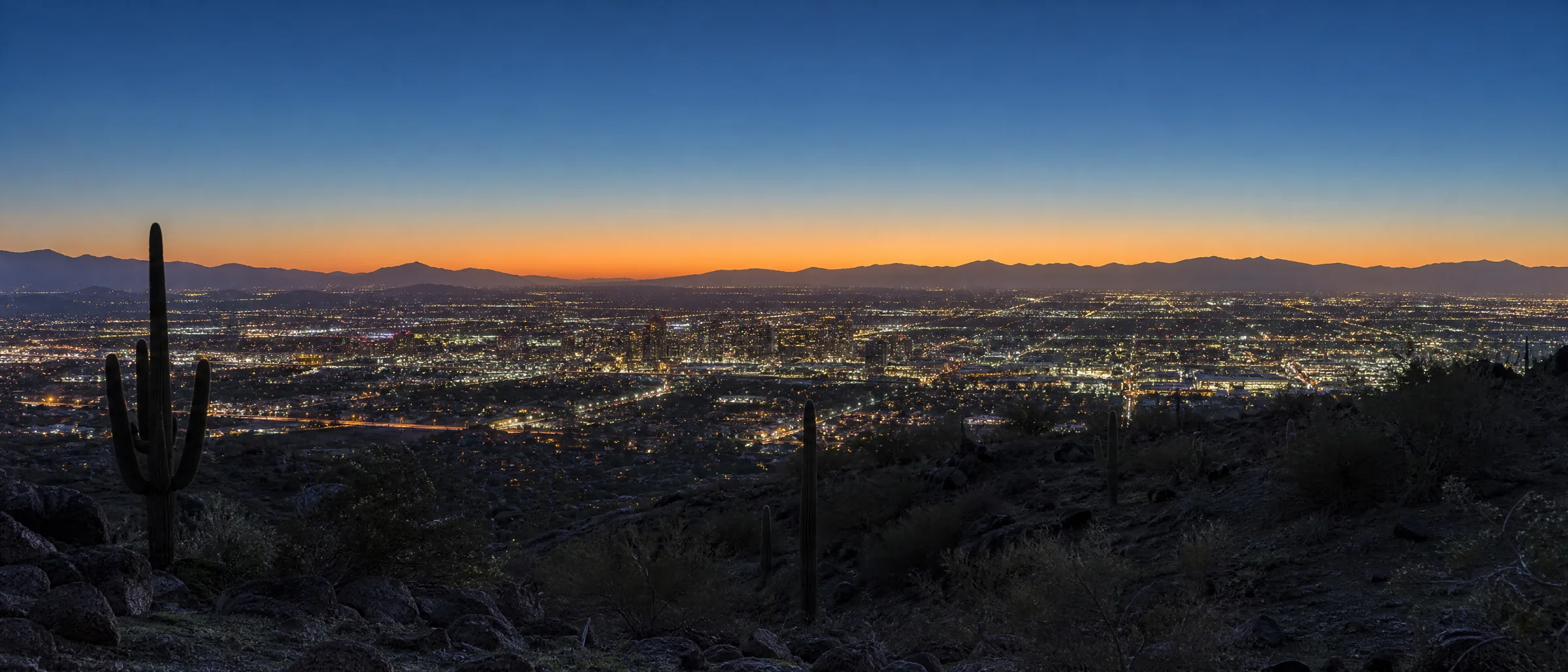 The Phoenix skyline at dusk from a high desert ridge, city lights coming on, saguaros in silhouette in the foreground and a deep blue sky with a thin warm band at the horizon