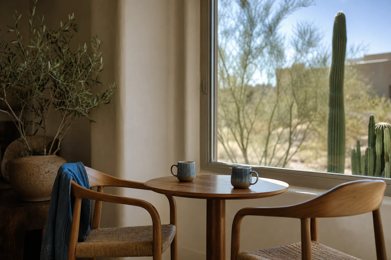 Two wooden armchairs drawn up to a small round table by a sunlit window, with two blue mugs on the table and saguaros visible outside