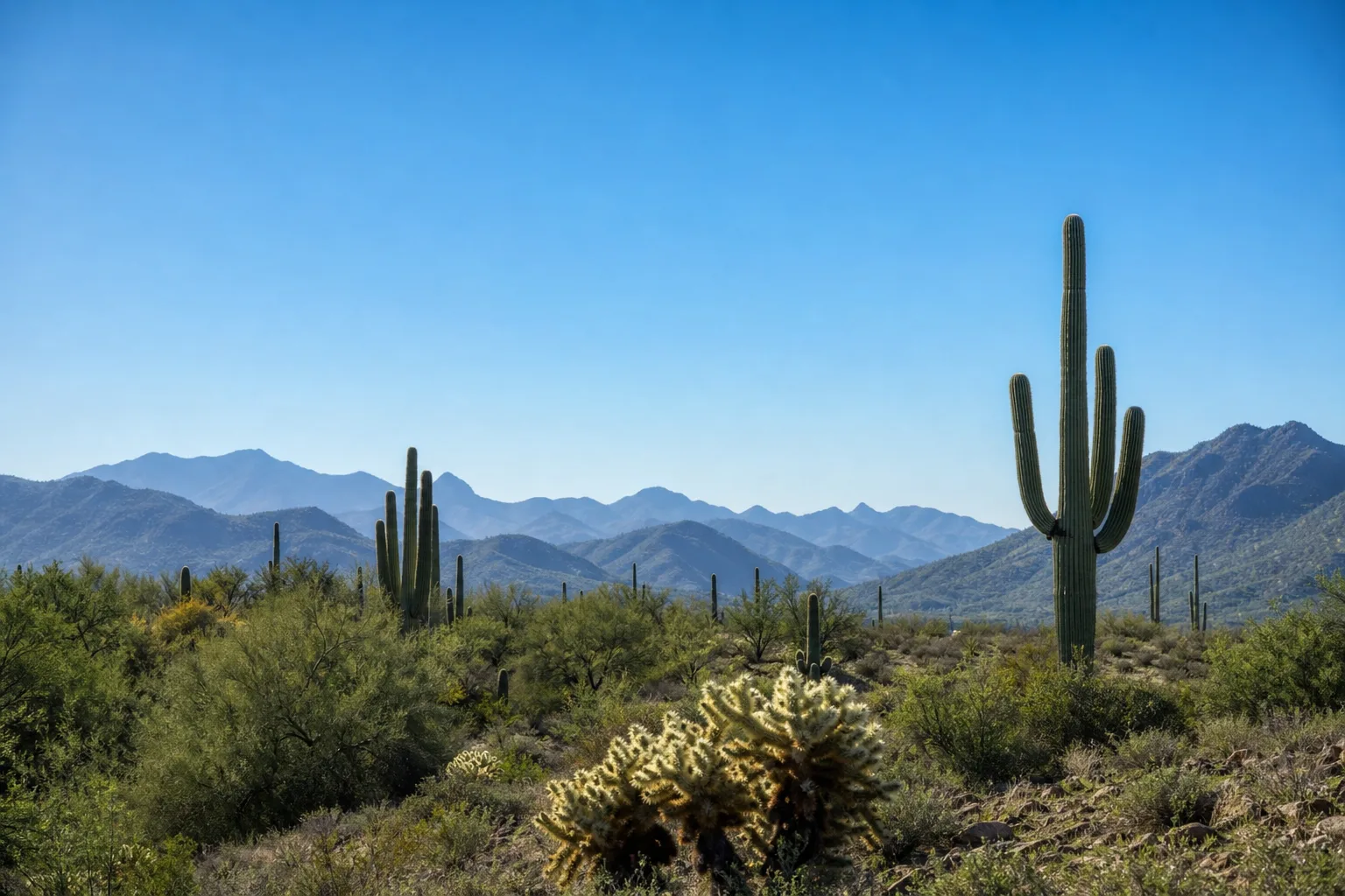 A wide view of the Sonoran desert outside Phoenix, Arizona, with saguaros and layered blue mountains under a clear sky