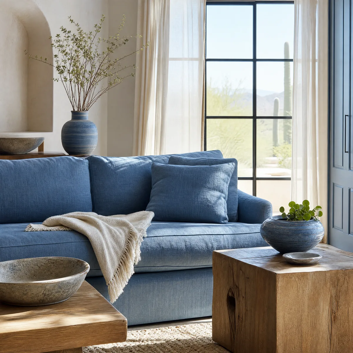 A sunlit living room in a Phoenix home with a soft blue linen sofa, a folded cream throw, a stack of books on a timber side table and sheer curtains at a tall window