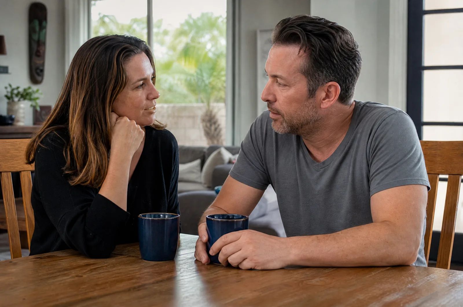 A couple in their forties at their dining table at home in Phoenix, talking something over with two blue mugs between them