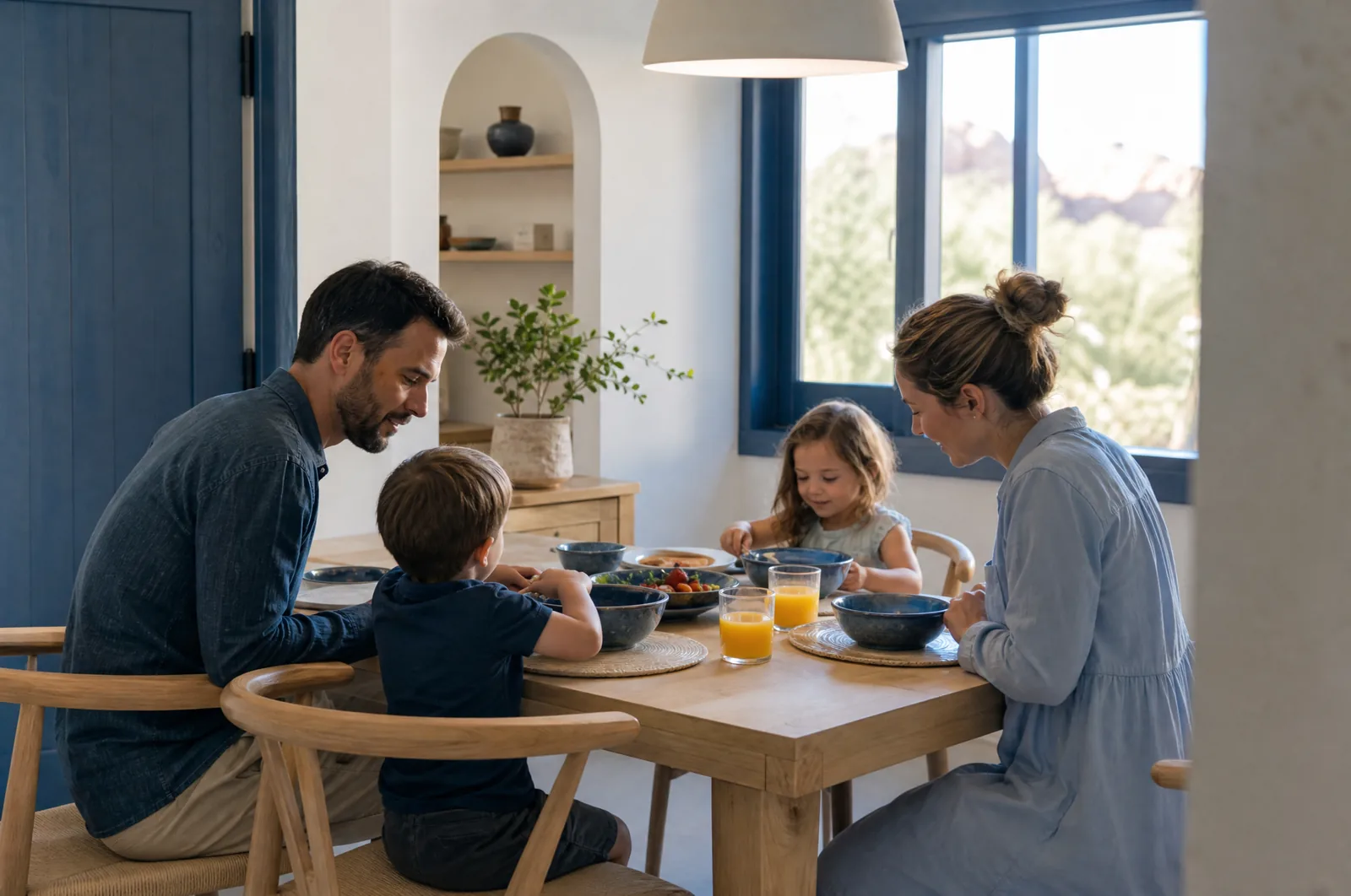 A family of four having breakfast together at the kitchen table of a Phoenix home in bright morning light