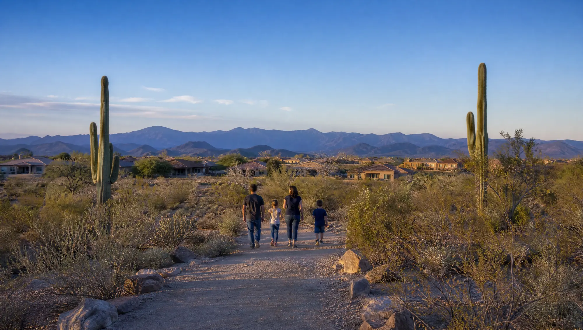 A family walking a desert path at the edge of a Phoenix neighbourhood in early evening, small in the frame, saguaros either side and blue mountains beyond