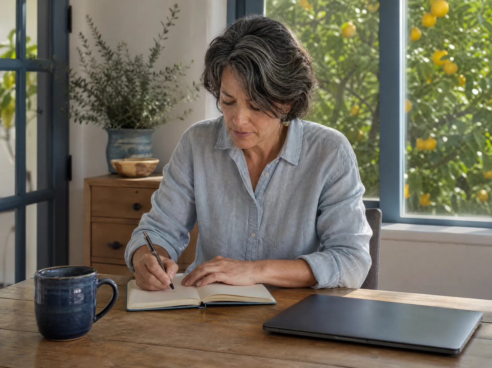 A self-employed woman working at her desk at home in Phoenix, writing in a notebook beside a closed laptop, a citrus tree at the window behind her