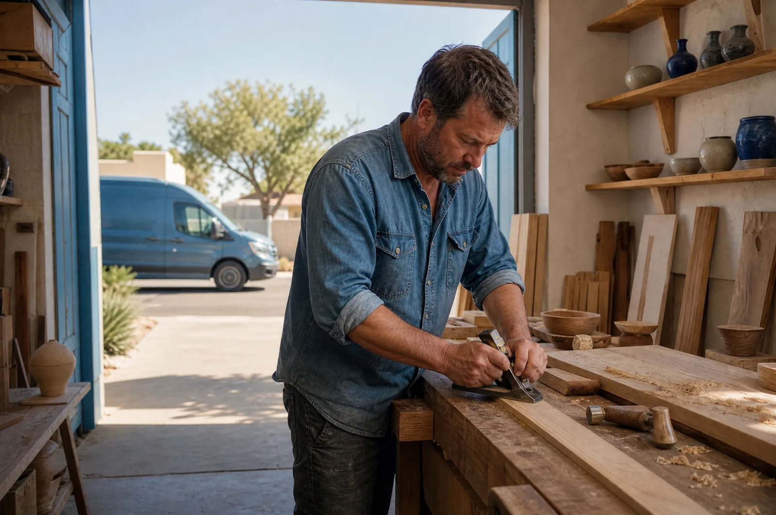 A self-employed carpenter working at a bench in his own open workshop in Phoenix, sleeves rolled, his work van parked in the sun outside