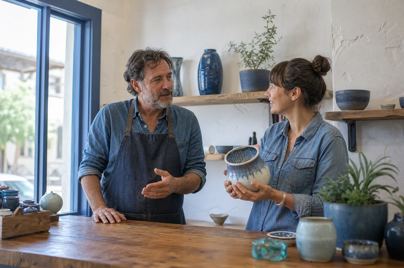 The owner of a small independent Phoenix shop talking with a colleague behind the counter in the morning, before opening