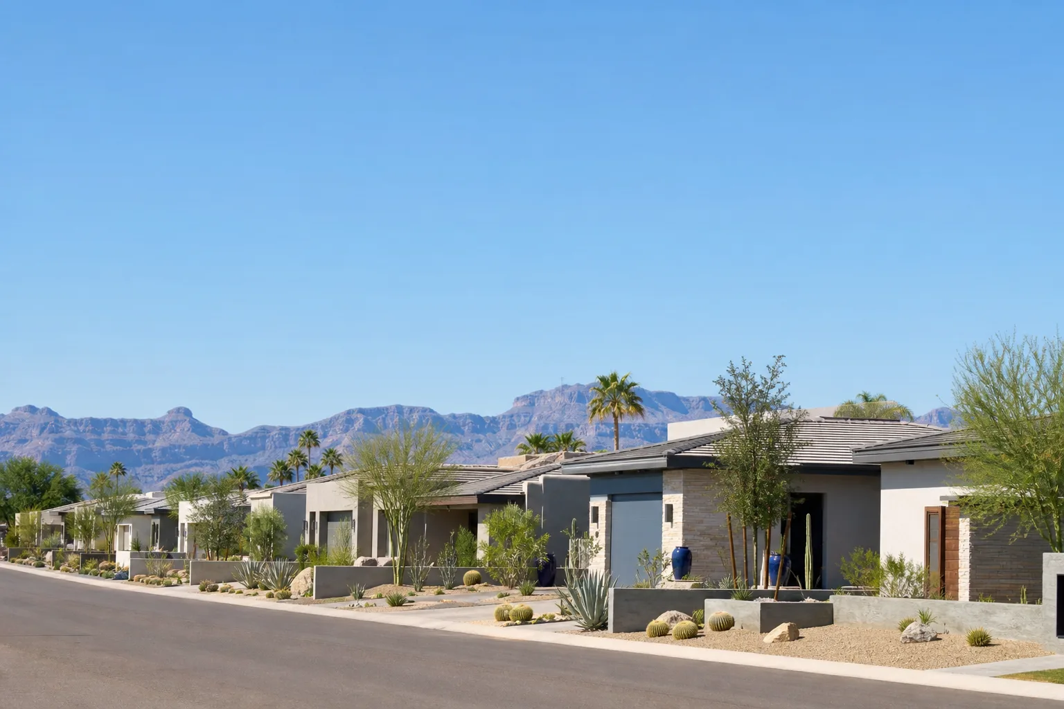 A wide view of a Phoenix, Arizona neighborhood in clear daylight, with low homes, desert landscaping and distant blue-grey mountains