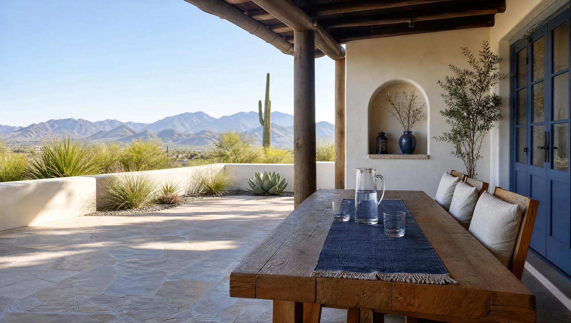 A covered patio of a Phoenix home in late afternoon, with a long timber table, a glass pitcher of water and two glasses, a blue linen runner, and saguaros and soft blue mountains beyond a low wall