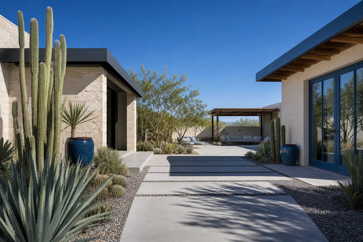 Contemporary Scottsdale, Arizona desert architecture in bright daylight, with pale stone, blue-glazed planters and a deep blue sky