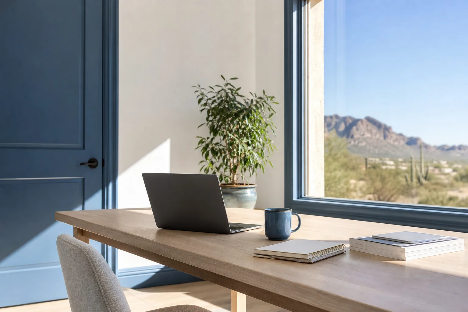 A bright home office belonging to a self-employed person, with a pale timber desk, open laptop, blue mug and a window full of Arizona sky
