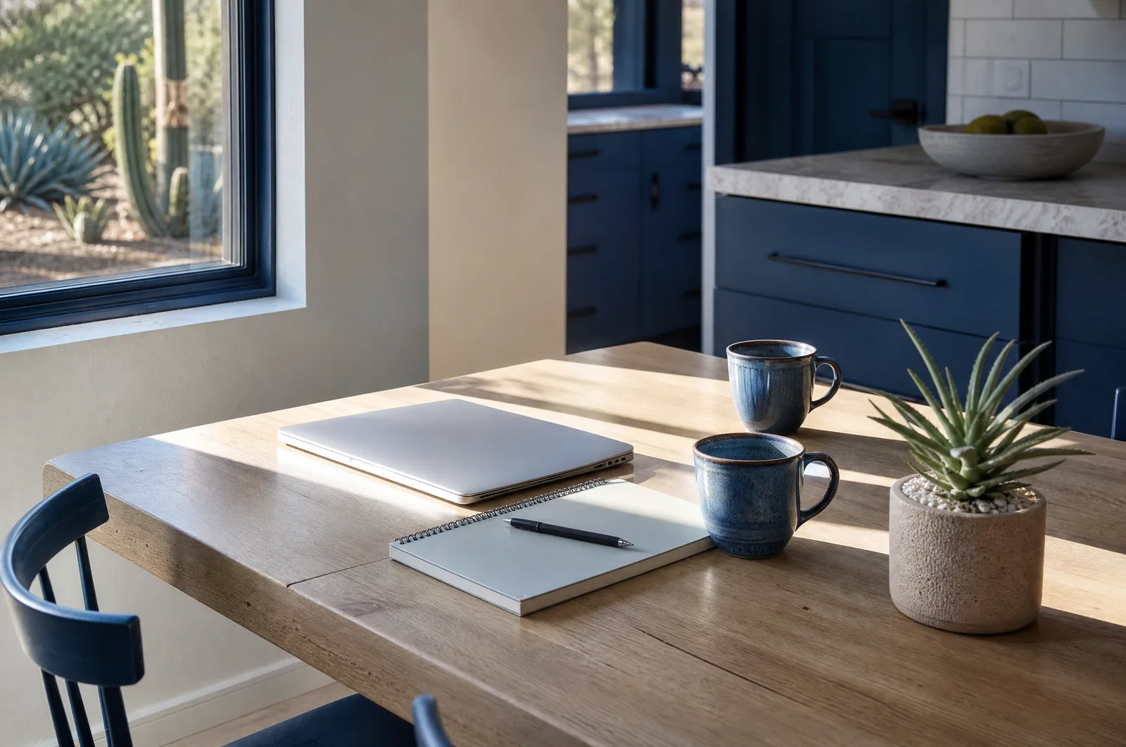 A kitchen table in a Phoenix home in clear morning light, with a closed laptop, a spiral notebook and pen, two blue ceramic mugs and a small succulent, sunlight falling across the pale timber