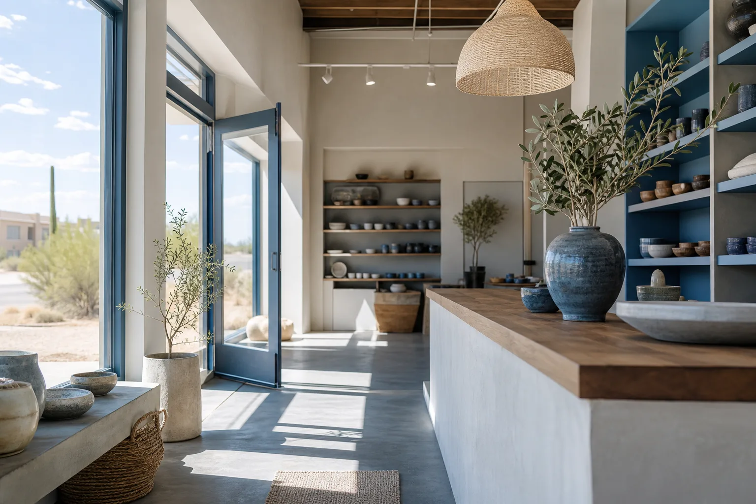 The bright interior of a small independent Arizona business before opening, with a long timber counter and blue-painted shelving